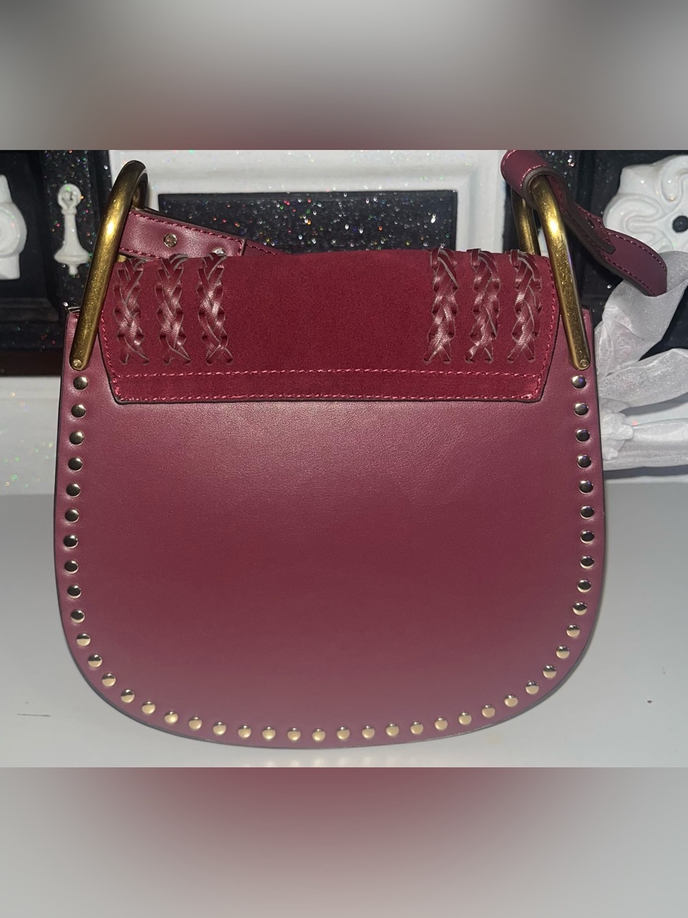 Braided Accent Shoulder Bag in Wine Red with Gold Hardware